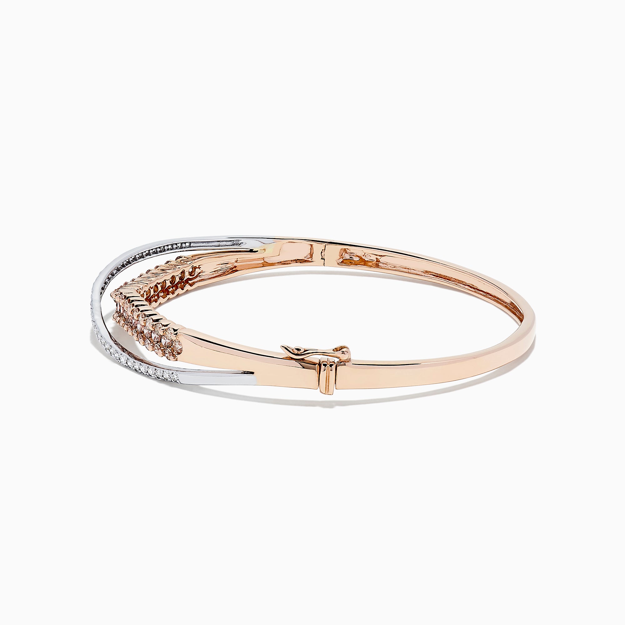 The 14K Two Tone Gold Espresso and White Diamond Crossover Bangle, 2.00 TCW, features overlapping rose gold and silver-toned bands adorned with sparkling espresso and white diamonds, secured by a hinged clasp.
