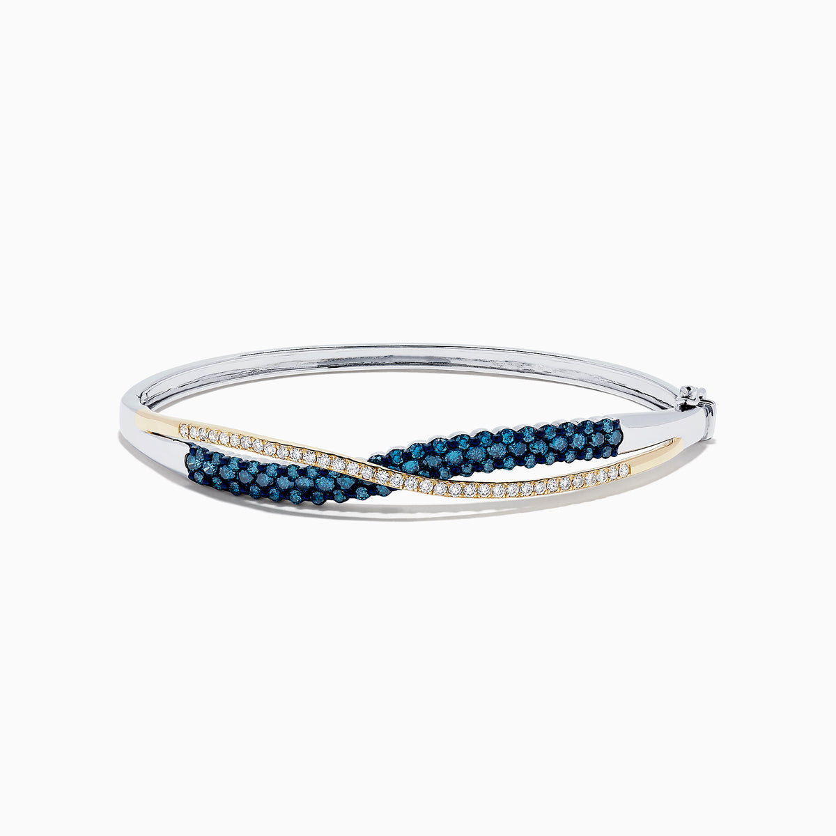 The 14K Two Tone Gold Blue and White Diamond Crossover Bangle, 2.00 TCW, features a gold-tone wave design accented with blue and white diamonds.