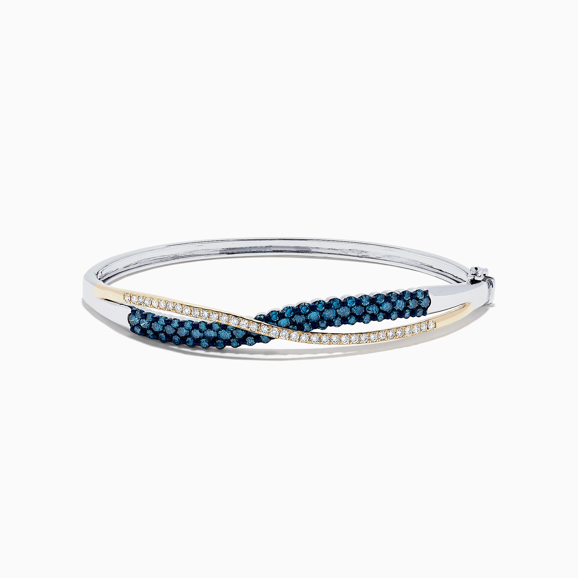 The 14K Two Tone Gold Blue and White Diamond Crossover Bangle, 2.00 TCW, features a gold-tone wave design accented with blue and white diamonds.
