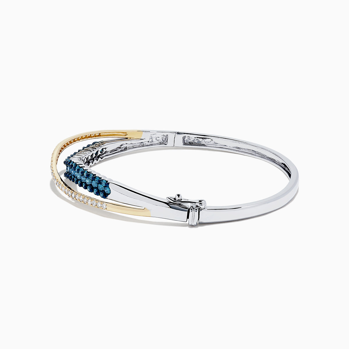 The 14K Two Tone Gold Blue and White Diamond Crossover Bangle, 2.00 TCW, features a gold-tone wave design accented with blue and white diamonds.