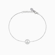 The 925 Sterling Silver Diamond Peace Sign Bracelet features a delicate charm with sparkling stones, an adjustable chain, and a secure lobster clasp.