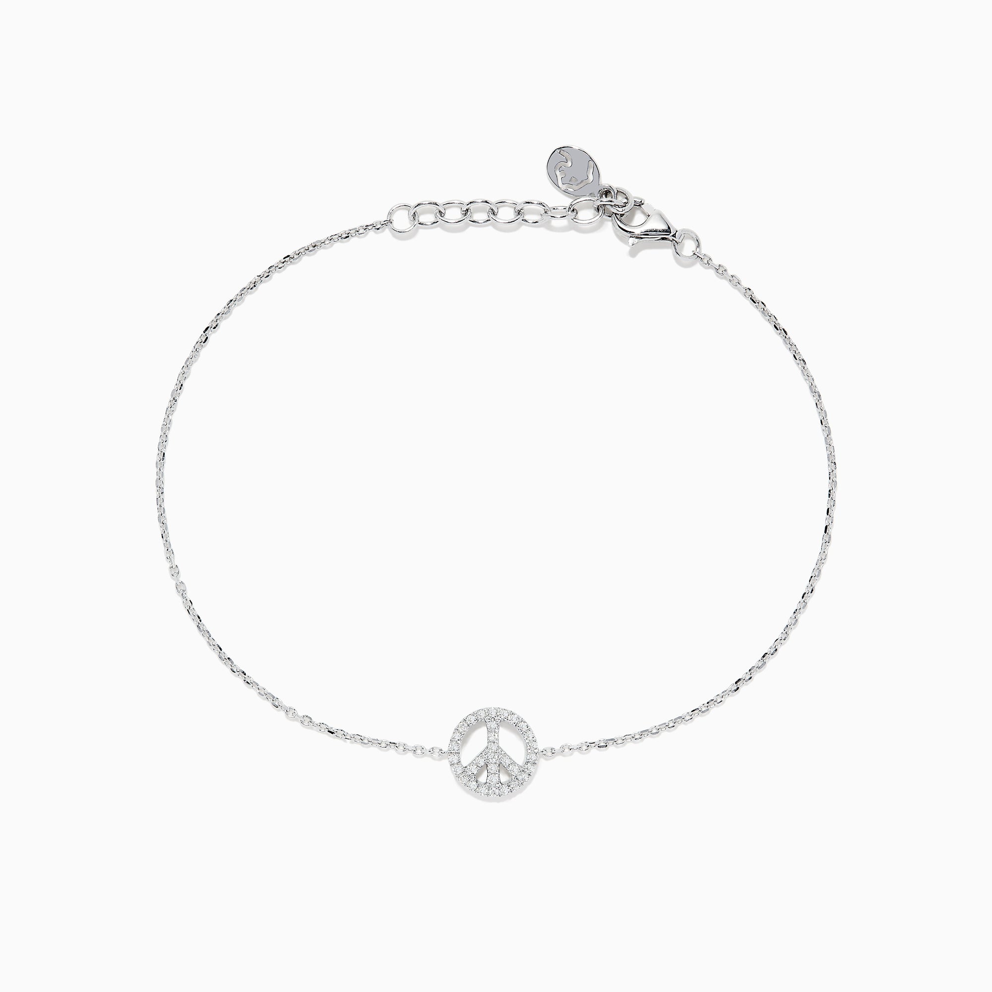 The 925 Sterling Silver Diamond Peace Sign Bracelet features a delicate charm with sparkling stones, an adjustable chain, and a secure lobster clasp.