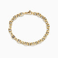 The 14K Two Tone Gold 9 Mariner Link Bracelet features interlocking mariner links with silver accents, crafted in 14K gold and displayed in a circular shape on a plain white background.