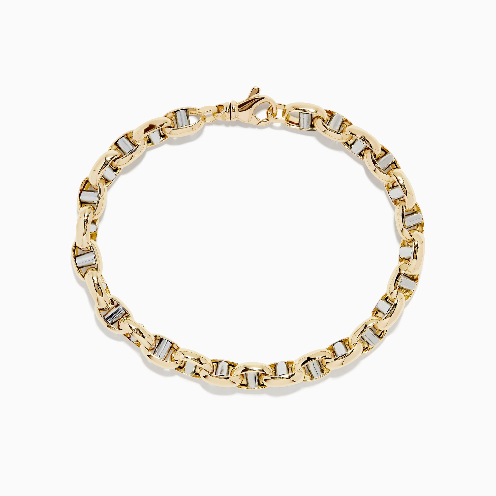 The 14K Two Tone Gold 9 Mariner Link Bracelet features interlocking mariner links with silver accents, crafted in 14K gold and displayed in a circular shape on a plain white background.