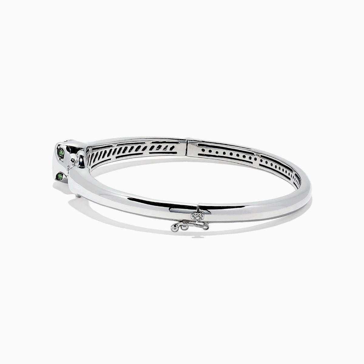 The Signature Sterling Silver Diamond and Tsavorite Panther Bangle, 0.10TCW, showcases a polished panther head detail and diamond-accented circular clasp, elegantly displayed on a white background.