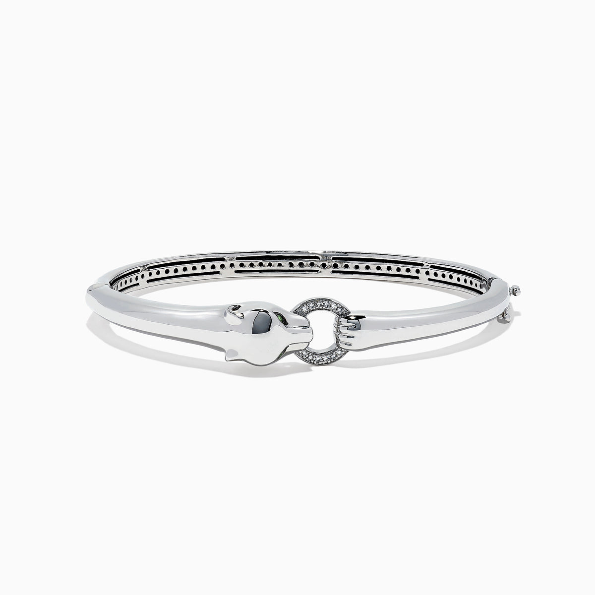 The Signature Sterling Silver Diamond and Tsavorite Panther Bangle, 0.10TCW, showcases a polished panther head detail and diamond-accented circular clasp, elegantly displayed on a white background.