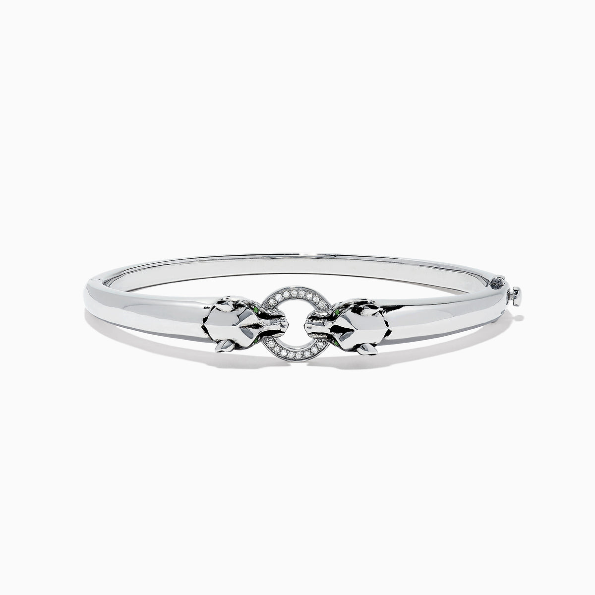 The Signature Sterling Silver Diamond and Tsavorite Panther Bangle, 0.10 TCW, features a sleek design with a central panther motif set with diamonds and tsavorites for a luxurious touch.