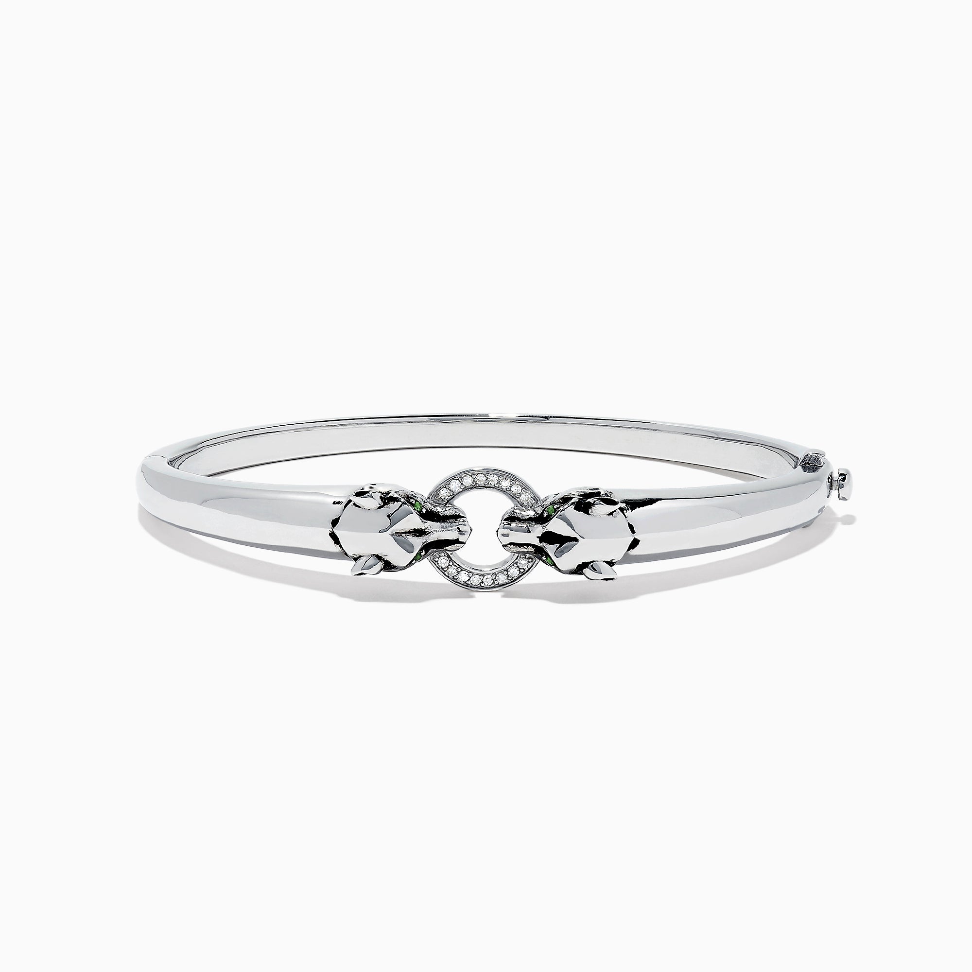 The Signature Sterling Silver Diamond and Tsavorite Panther Bangle, 0.10 TCW, features a sleek design with a central panther motif set with diamonds and tsavorites for a luxurious touch.