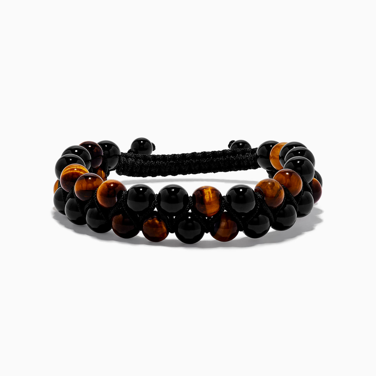 The Mens Tigers Eye Bead Bracelet features alternating glossy black and tiger’s eye brown beads, strung on a black braided adjustable cord. Stylish and versatile, its displayed on a white background—ideal for any occasion.