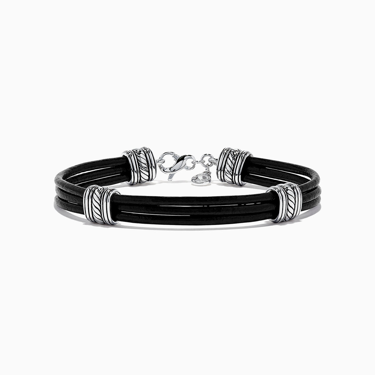 The Mens 925 Sterling Silver and Leather Bracelet features black leather bands, sterling silver-tone accents, decorative silver rings, and a secure lobster clasp—a stylish accessory for any occasion.
