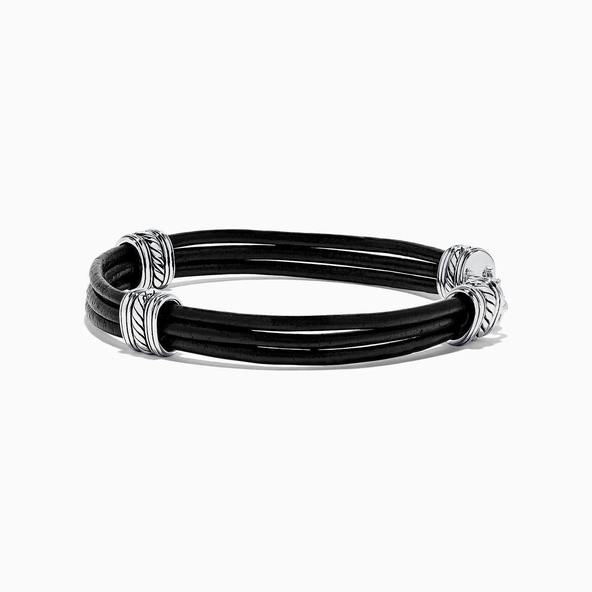 The Mens 925 Sterling Silver and Leather Bracelet features black leather bands, sterling silver-tone accents, decorative silver rings, and a secure lobster clasp—a stylish accessory for any occasion.