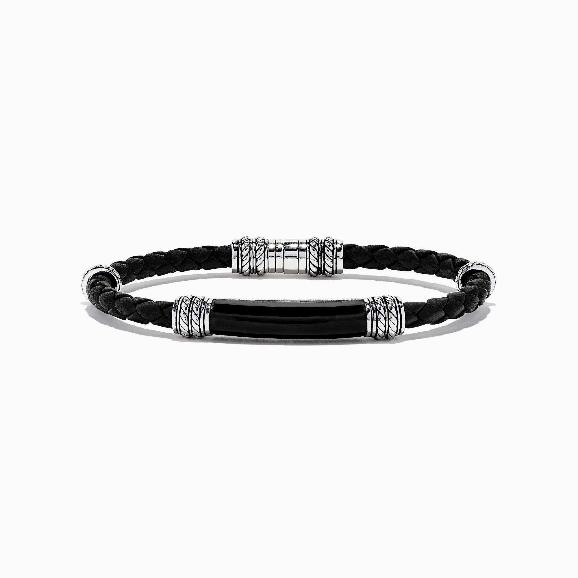 The Mens Sterling Silver and Leather Onyx Bracelet, 13.00, features black braided leather with silver-toned clasps and accents, shown on a white background.