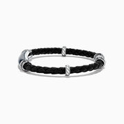 The Mens Sterling Silver and Leather Onyx Bracelet, 13.00, features black braided leather with silver-toned clasps and accents, shown on a white background.
