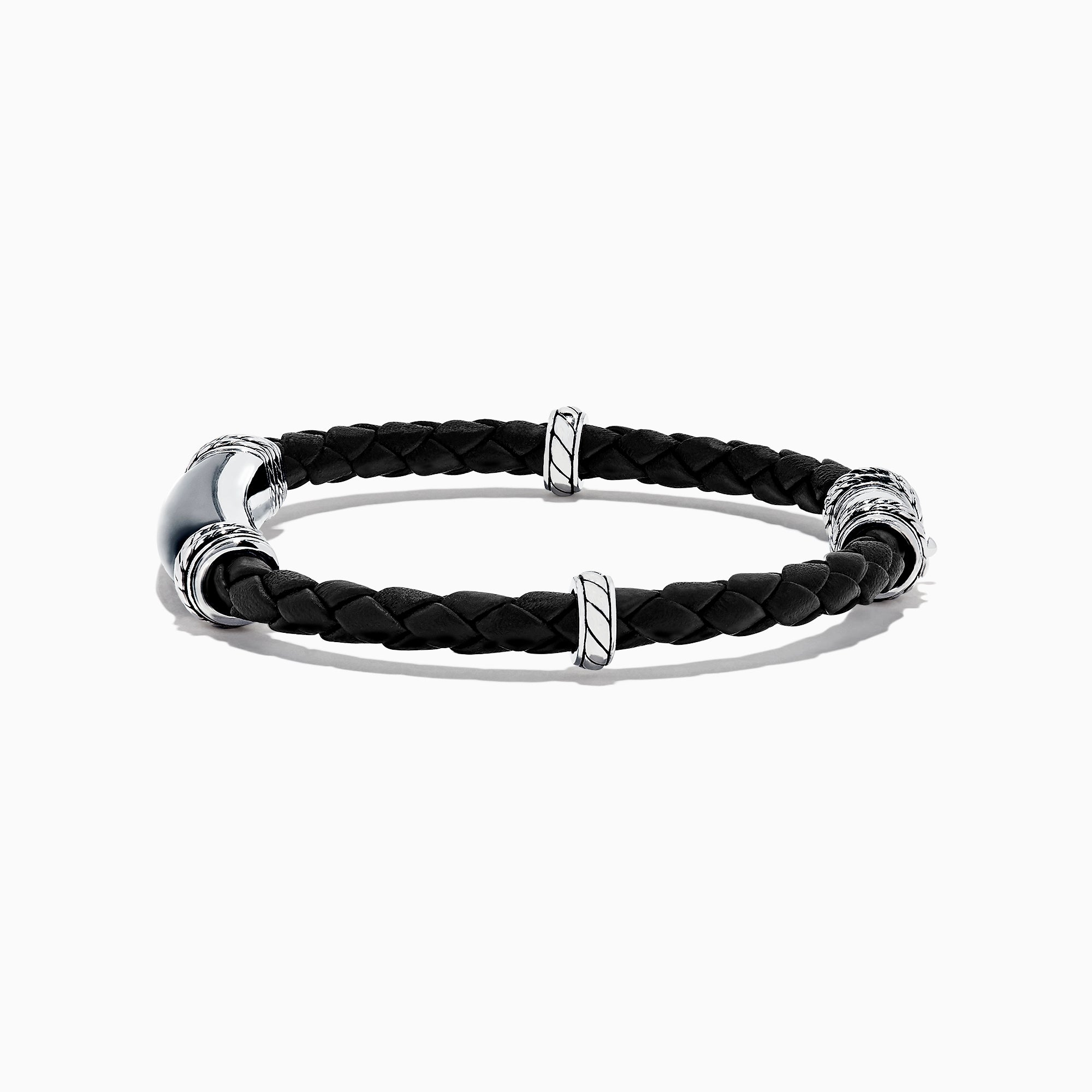 The Mens Sterling Silver and Leather Onyx Bracelet, 13.00, features black braided leather with silver-toned clasps and accents, shown on a white background.