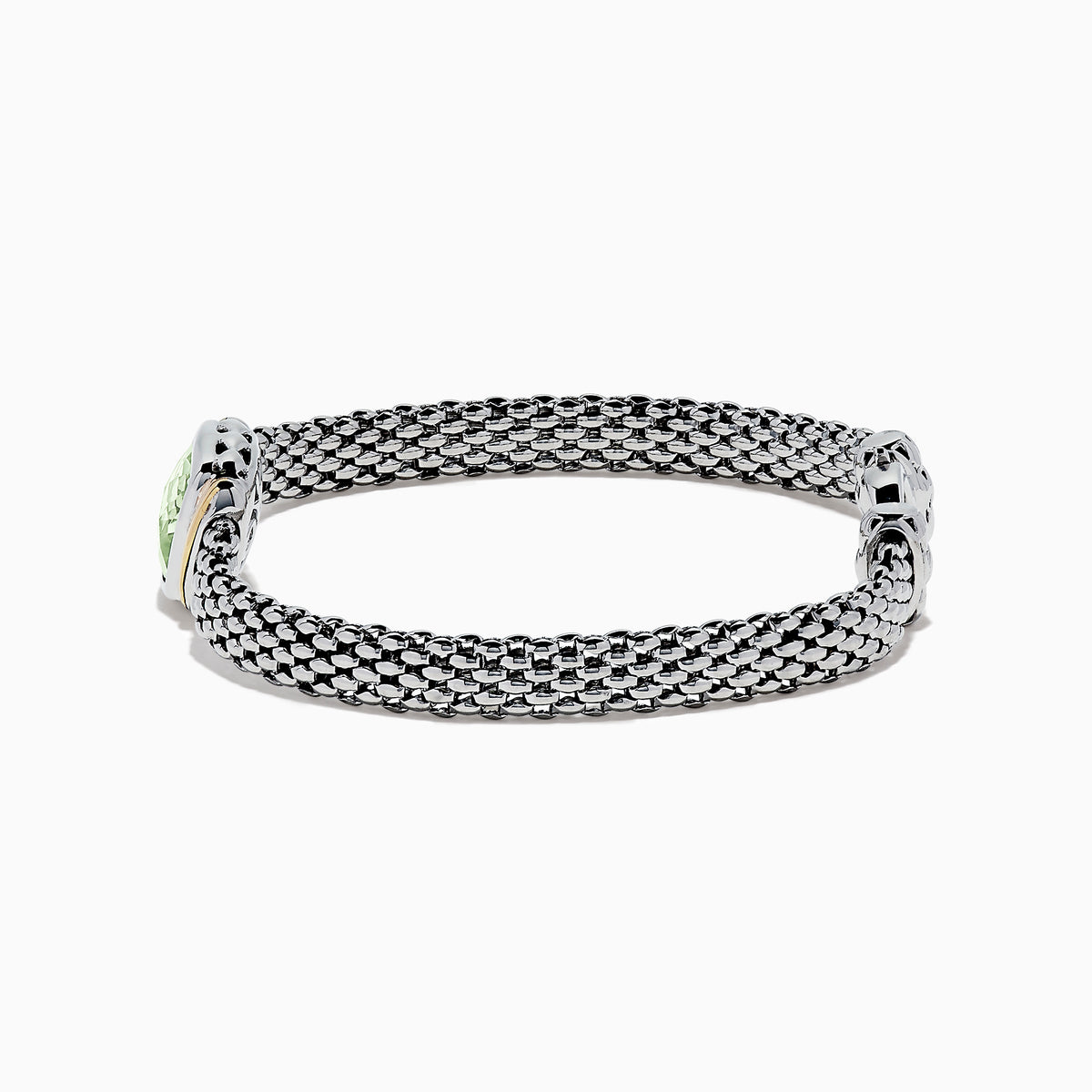A 925 sterling silver and 18K gold bracelet with green amethyst (4.70 TCW), featuring a woven mesh design and rectangular clasp, shown from the side against a white background.