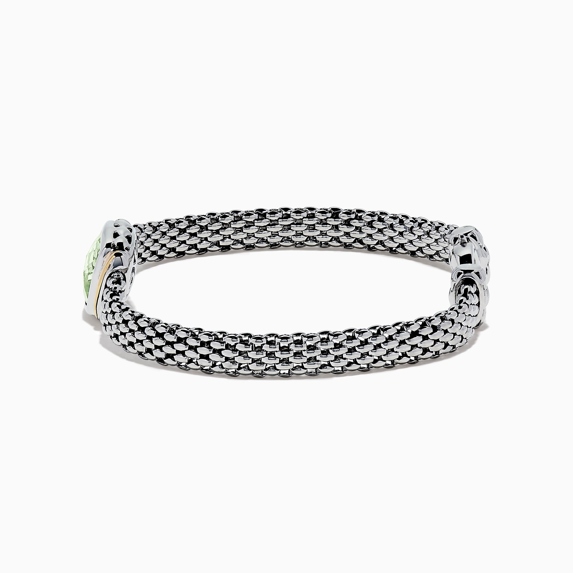 A 925 sterling silver and 18K gold bracelet with green amethyst (4.70 TCW), featuring a woven mesh design and rectangular clasp, shown from the side against a white background.