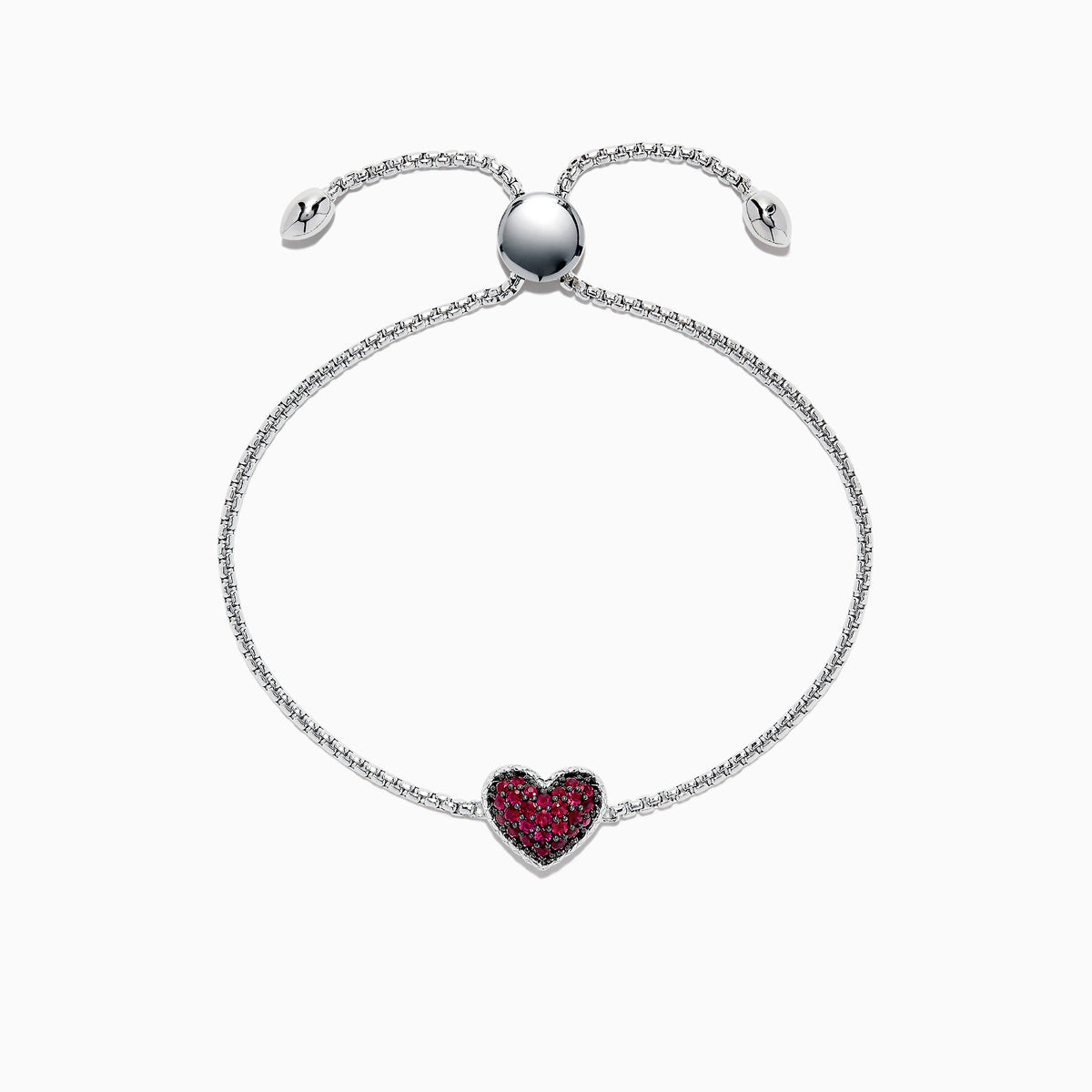 The 925 Sterling Silver Ruby Heart Bracelet, 0.62 TCW, features an adjustable clasp and a central heart-shaped charm accented with red stones. Small heart details at the ends add a touch of elegance to this beautiful piece.