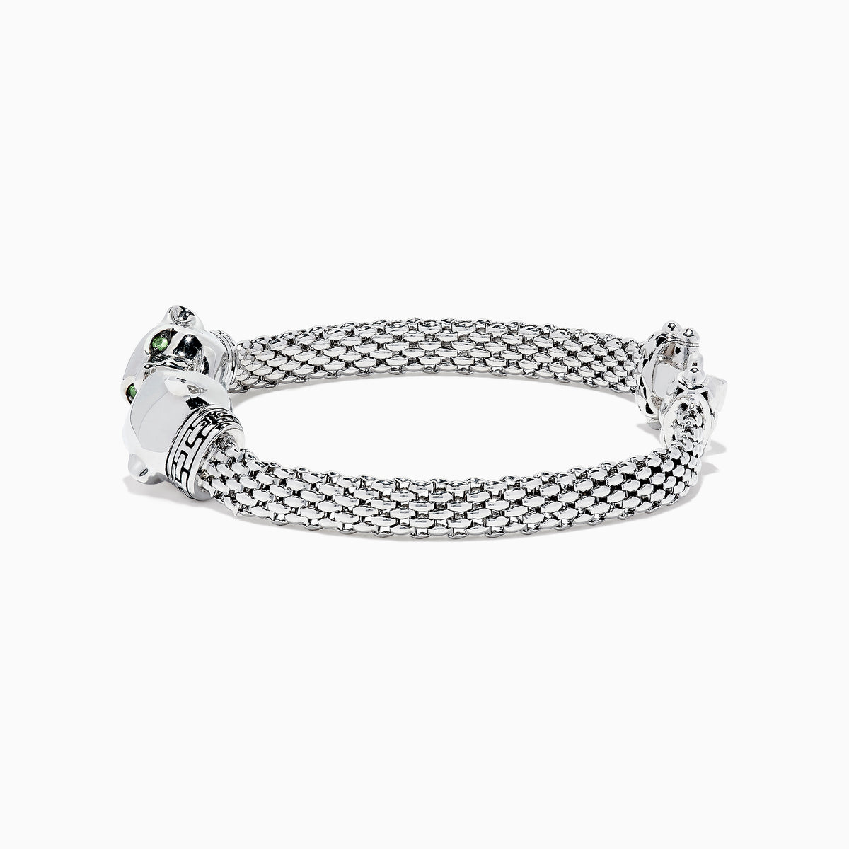 The Signature Sterling Silver Diamond and Tsavorite Panther Bracelet, 0.16 TCW, features a woven chain, two polished panther head clasps facing each other, and a circular diamond-studded link for an elegant statement look.
