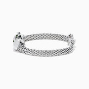 The Signature Sterling Silver Diamond and Tsavorite Panther Bracelet, 0.16 TCW, features a woven chain, two polished panther head clasps facing each other, and a circular diamond-studded link for an elegant statement look.