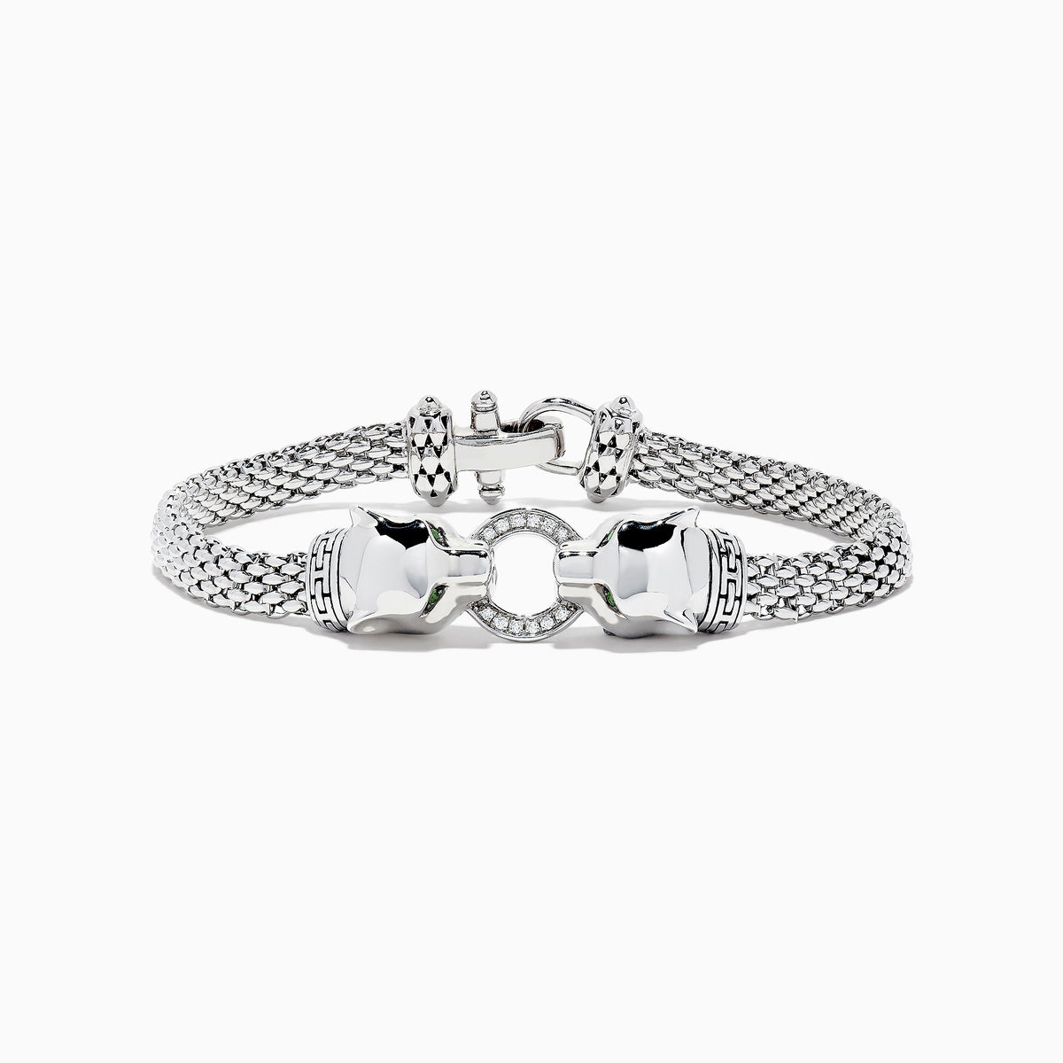 The Signature Sterling Silver Diamond and Tsavorite Panther Bracelet, 0.16 TCW, features a woven chain, two polished panther head clasps facing each other, and a circular diamond-studded link for an elegant statement look.