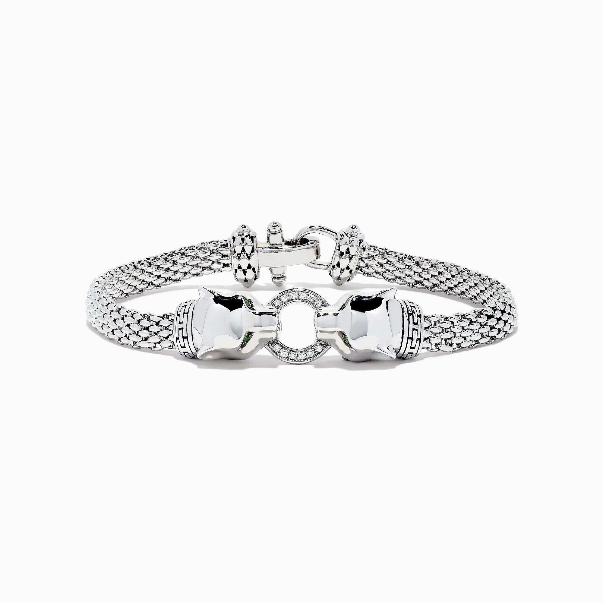 The Signature Sterling Silver Diamond and Tsavorite Panther Bracelet, 0.16 TCW, features a woven chain, two polished panther head clasps facing each other, and a circular diamond-studded link for an elegant statement look.
