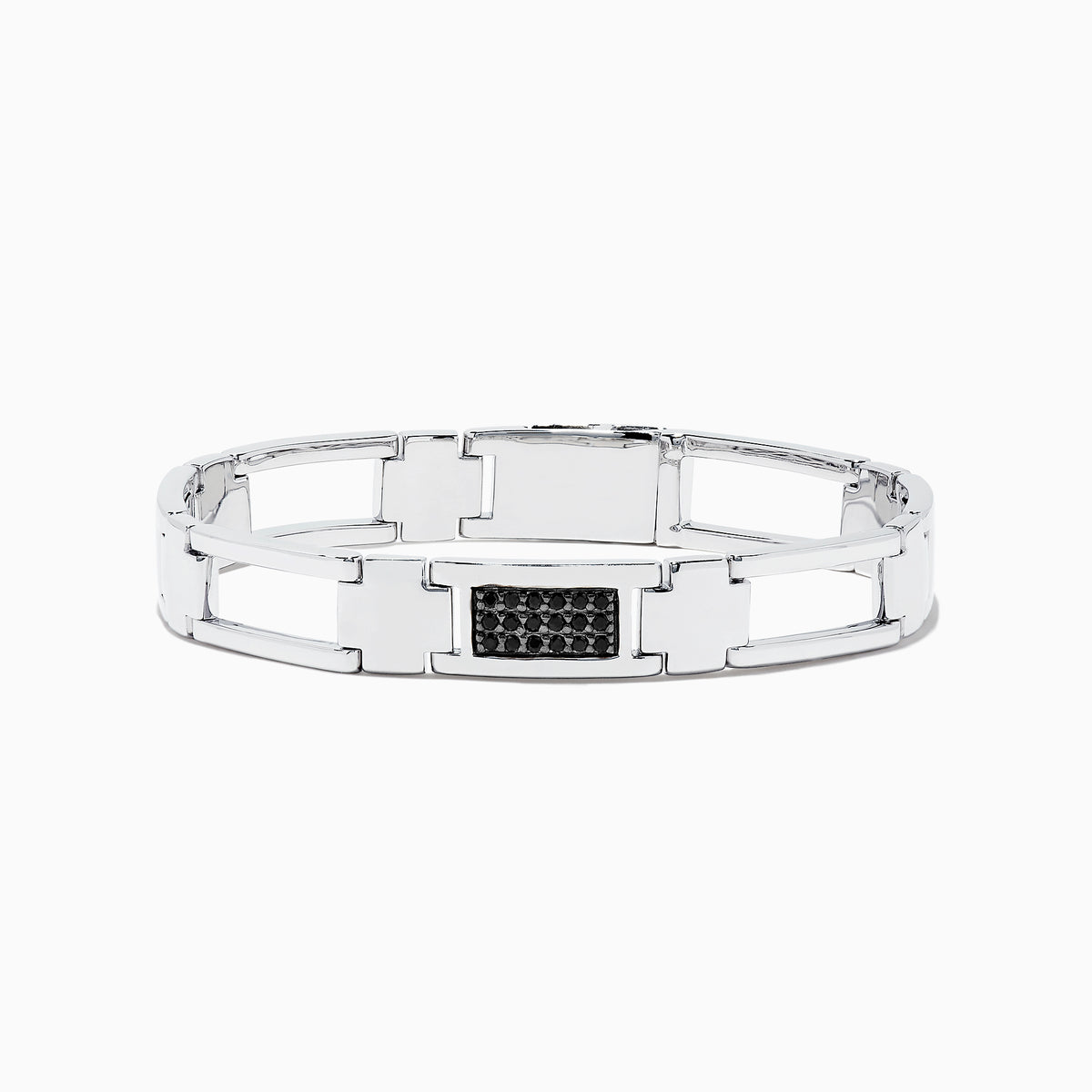 The Mens Sterling Silver Black Sapphire Link Bracelet features a geometric design with a rectangular black sapphire accent at the center.