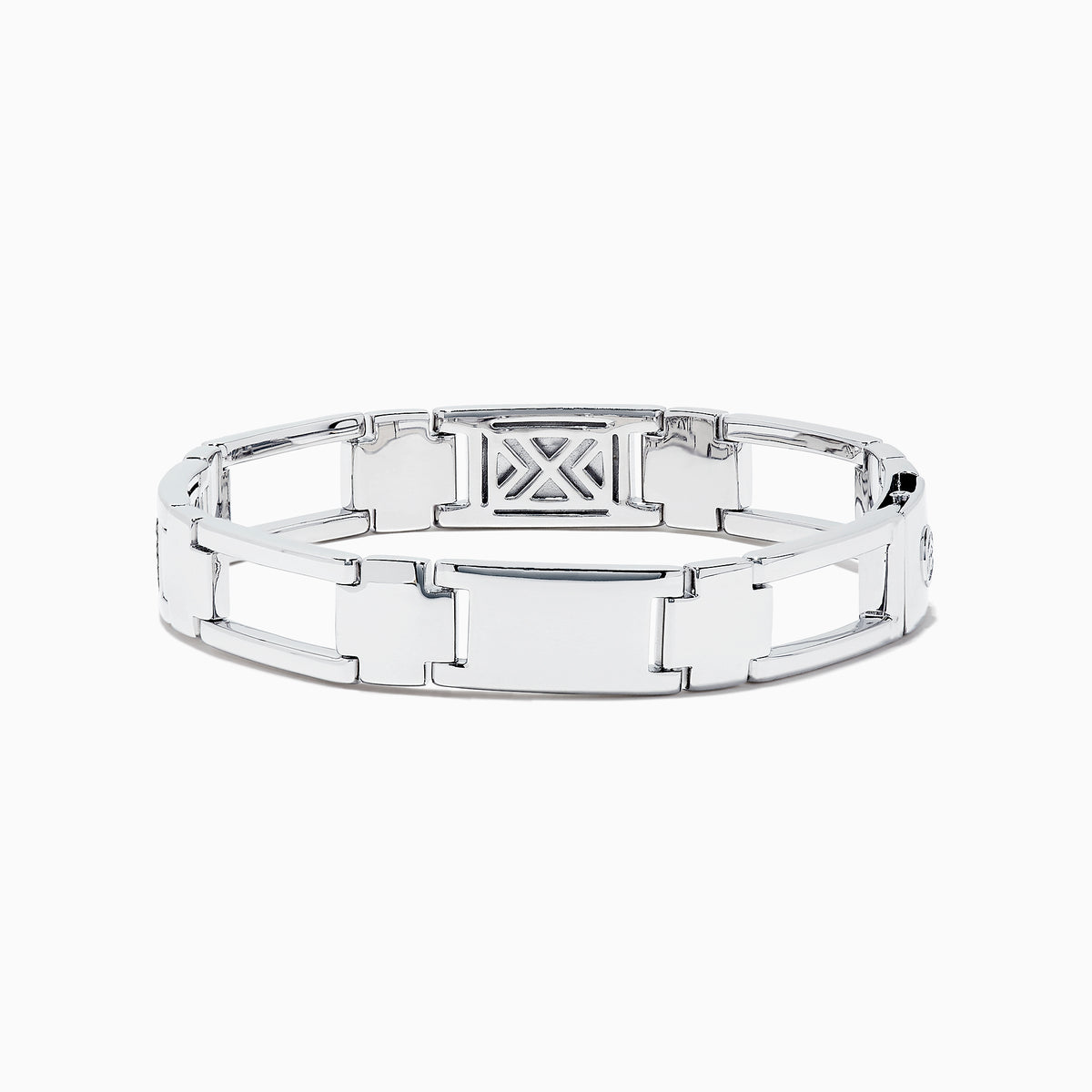 The Mens Sterling Silver Black Sapphire Link Bracelet features a geometric design with a rectangular black sapphire accent at the center.