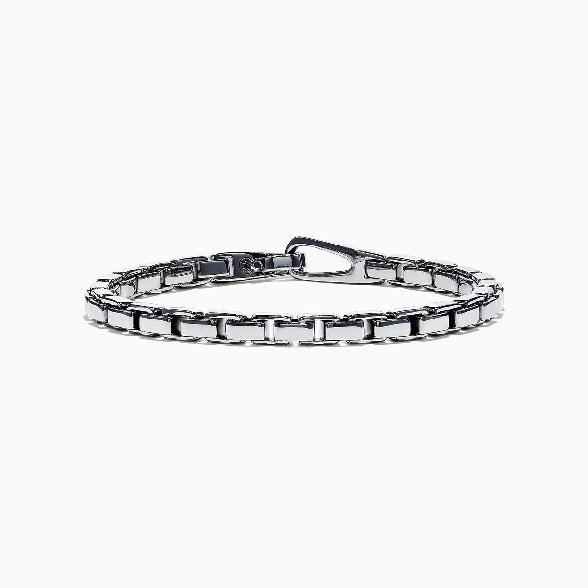 The Mens Sterling Silver Box Link Bracelet features rectangular links and a secure clasp, shown on a white background.