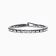 The Mens Sterling Silver Box Link Bracelet features rectangular links and a secure clasp, shown on a white background.