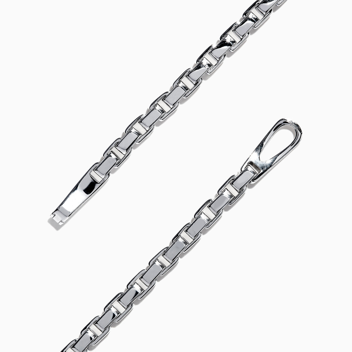 The Mens Sterling Silver Box Link Bracelet features rectangular links and a secure clasp, shown on a white background.