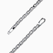 The Mens Sterling Silver Box Link Bracelet features rectangular links and a secure clasp, shown on a white background.