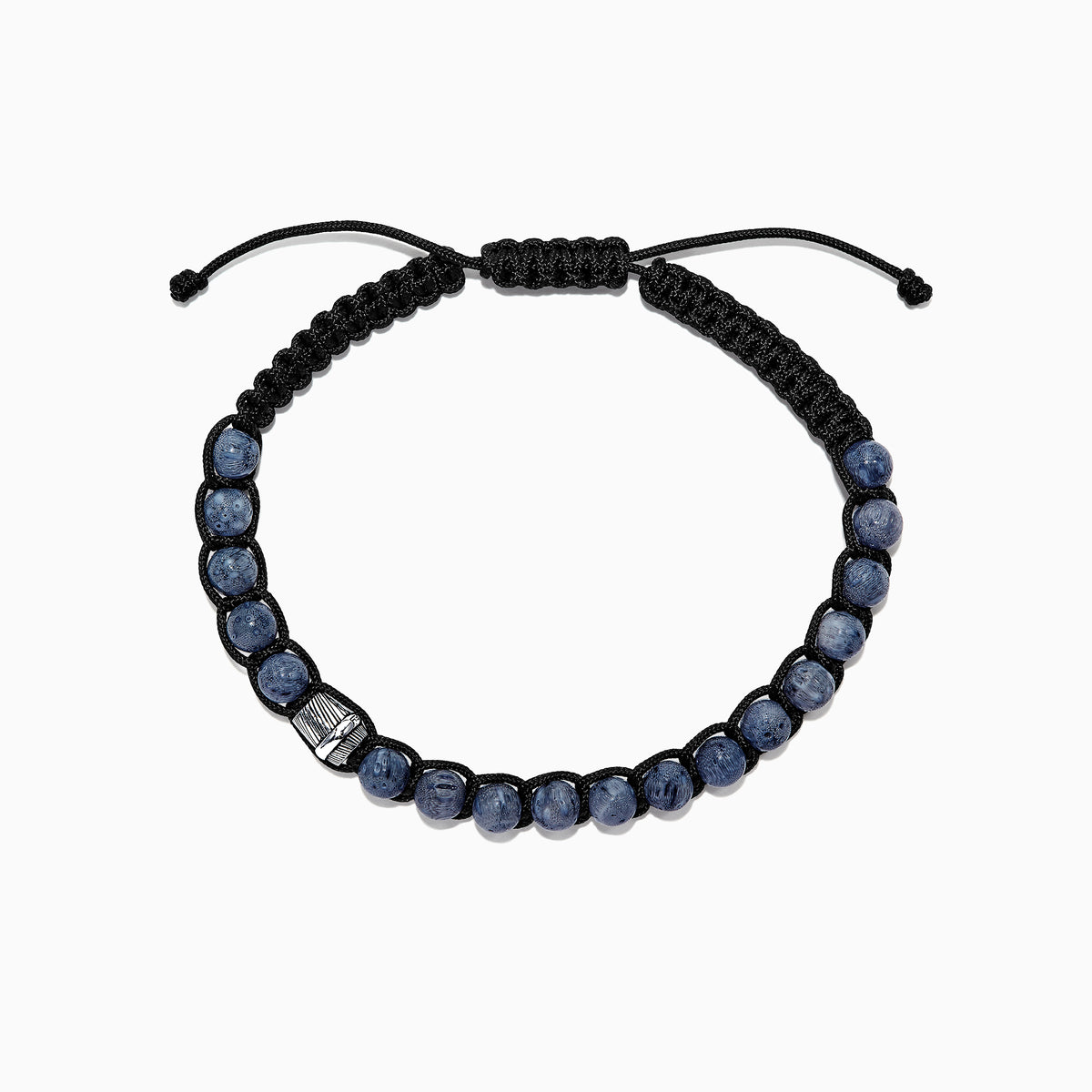 The Mens Sterling Silver Coral String Bracelet features an adjustable black cord with round dark blue beads, a single sterling silver accent bead, and refined Effy-inspired style, shown on a white background.