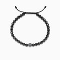 The Mens Sterling Silver Beaded Hematite Anchor Bracelet, 81.00 TCW, features shiny black hematite round beads and an adjustable black cord, with a patterned Effy sterling silver bead centered among the beads. Displayed on a white background.