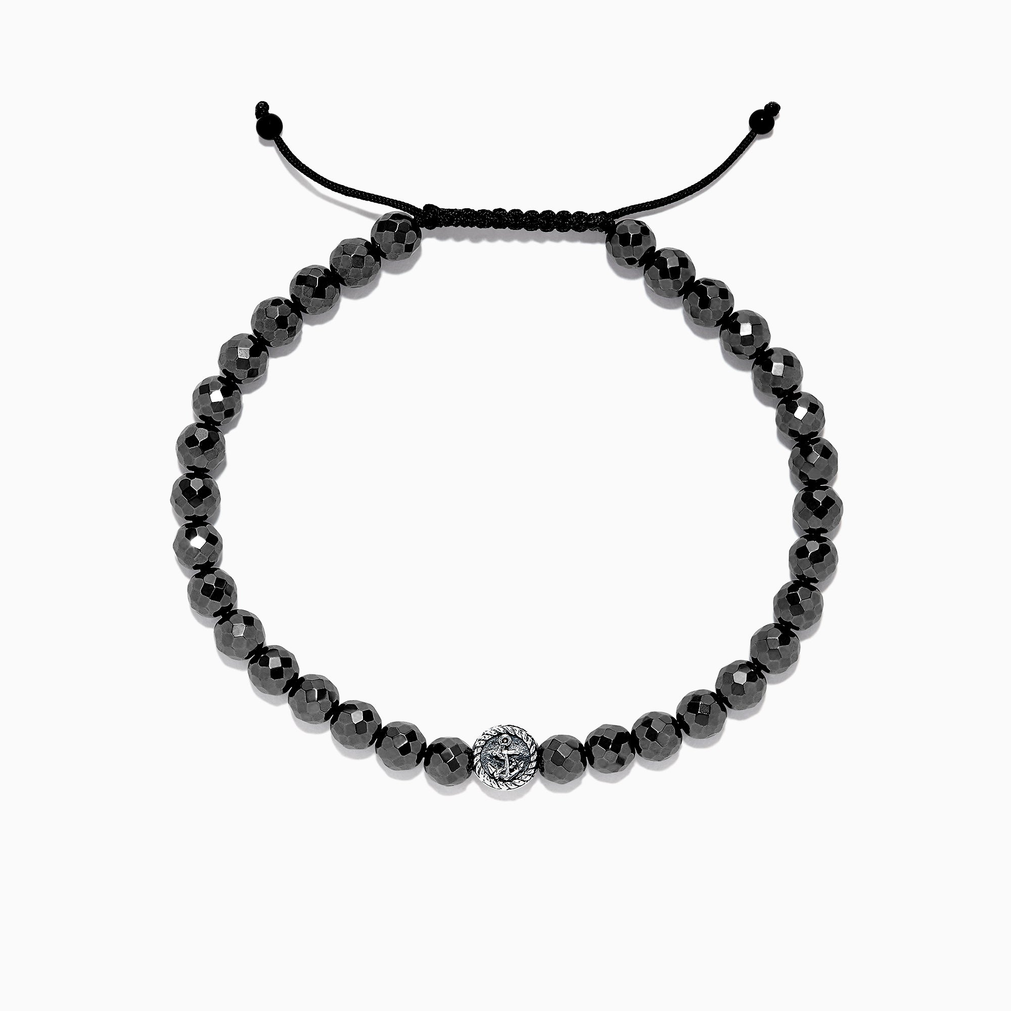 The Mens Sterling Silver Beaded Hematite Anchor Bracelet, 81.00 TCW, features shiny black hematite round beads and an adjustable black cord, with a patterned Effy sterling silver bead centered among the beads. Displayed on a white background.