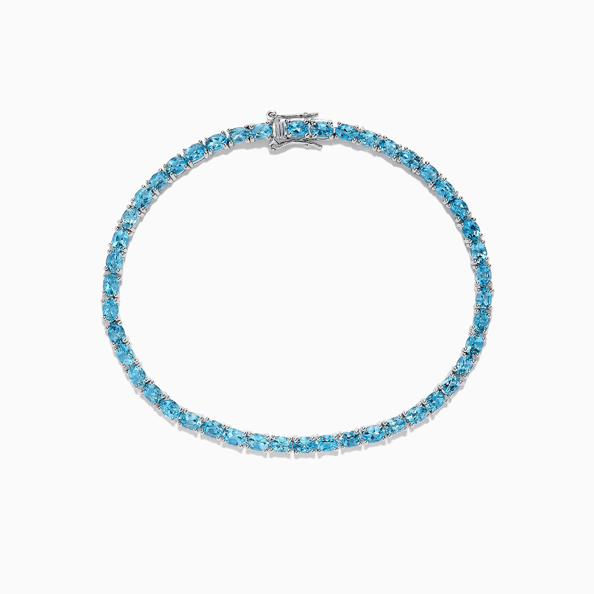 The 925 Sterling Silver Blue Topaz Tennis Bracelet, 9.55 TCW, is shown in a circular shape on a white background, featuring a continuous row of round blue topaz gemstones.