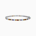 The Mosaic Sterling Silver Multi Gemstone Tennis Bracelet, 9.10 TCW, showcases alternating square and round gemstones in purple, red, yellow, blue, and orange against a white background.