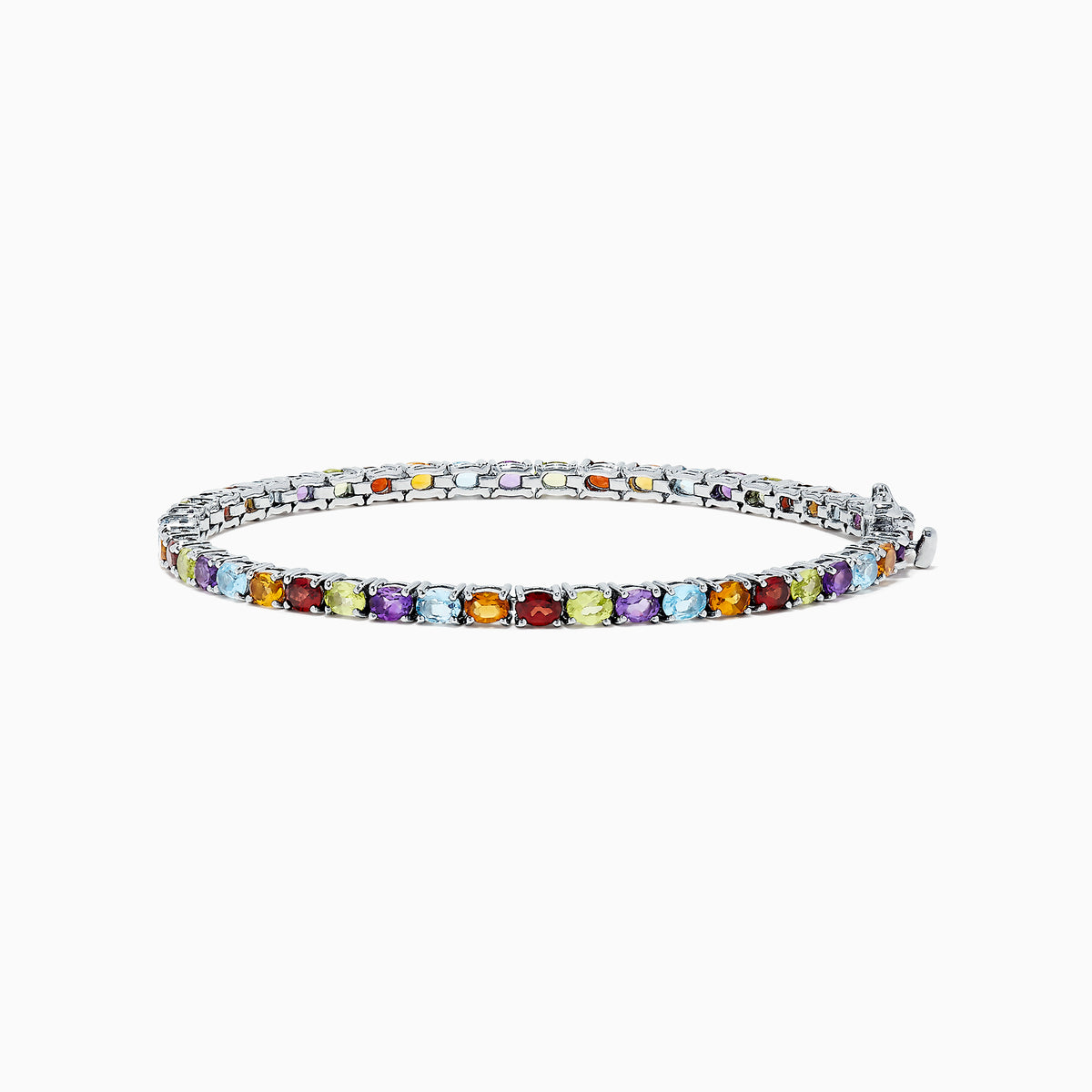 The Mosaic Sterling Silver Multi Gemstone Tennis Bracelet, 9.10 TCW, showcases alternating square and round gemstones in purple, red, yellow, blue, and orange against a white background.