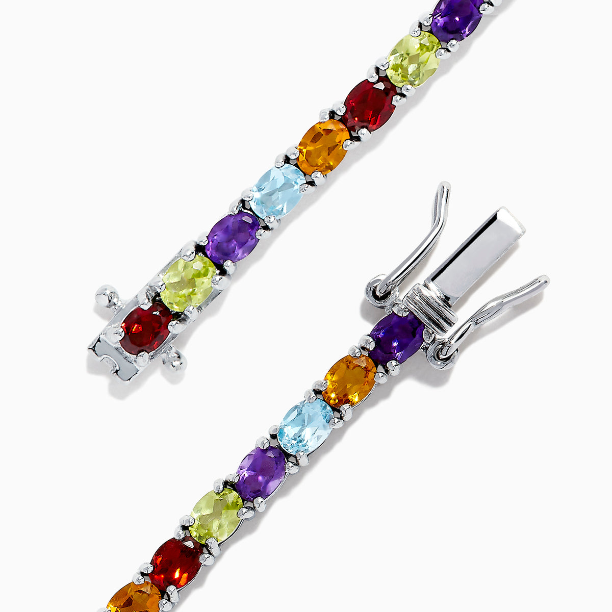 The Mosaic Sterling Silver Multi Gemstone Tennis Bracelet, 9.10 TCW, showcases alternating square and round gemstones in purple, red, yellow, blue, and orange against a white background.