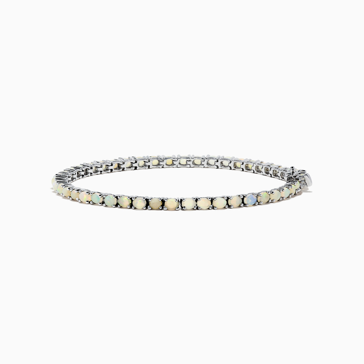 The 925 Sterling Silver Opal Tennis Bracelet features round opals totaling 4.50 TCW, each set in individual prongs and elegantly showcased on a white background.