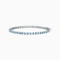 The 925 Sterling Silver Aquamarine Tennis Bracelet showcases a row of round aquamarine stones in prong settings, elegantly displayed against a plain white background.