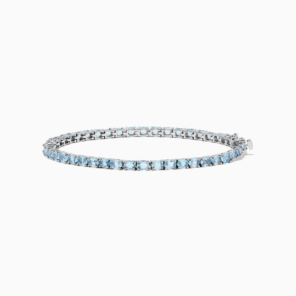 The 925 Sterling Silver Aquamarine Tennis Bracelet showcases a row of round aquamarine stones in prong settings, elegantly displayed against a plain white background.