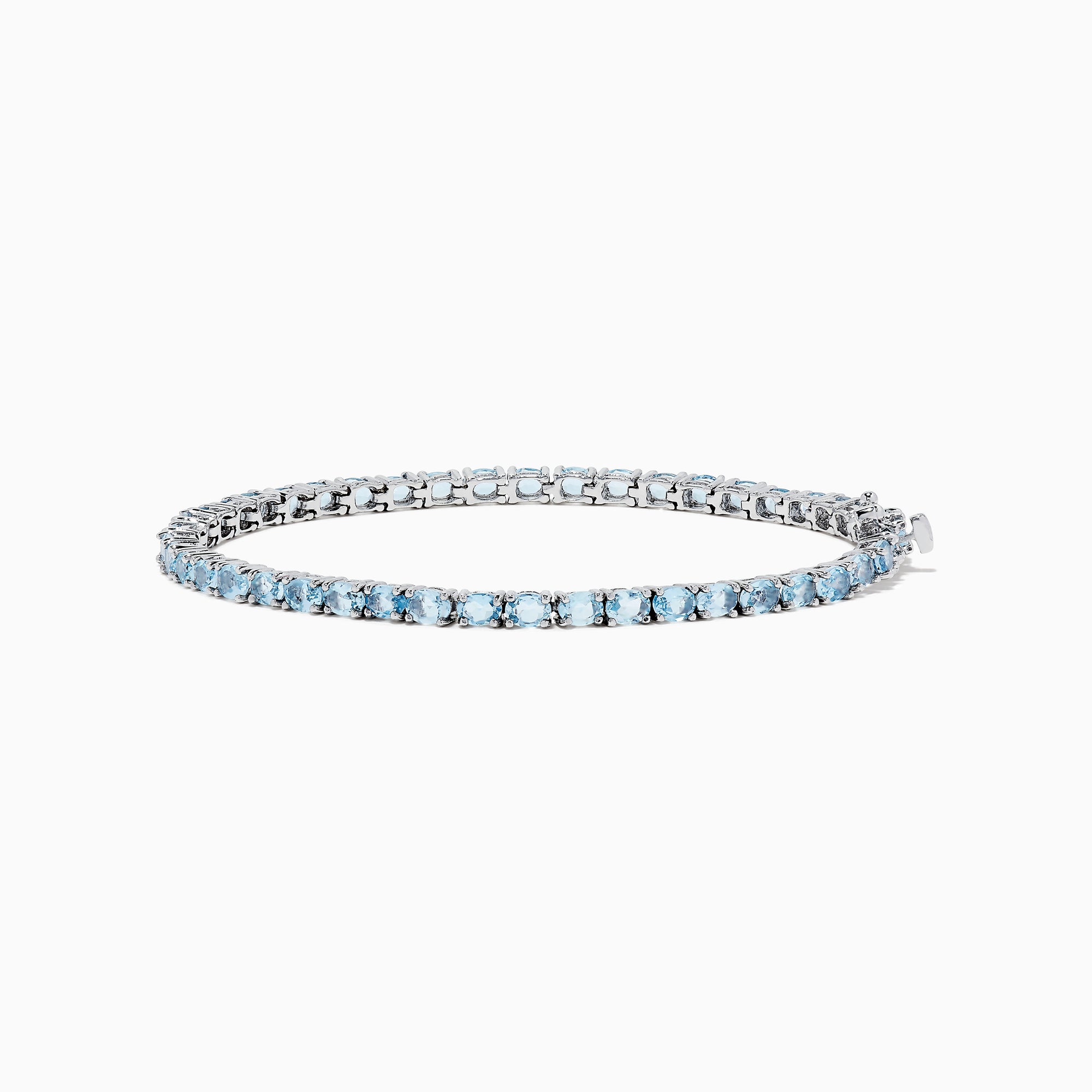 The 925 Sterling Silver Aquamarine Tennis Bracelet showcases a row of round aquamarine stones in prong settings, elegantly displayed against a plain white background.