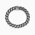 The Mens 925 Sterling Silver Black Spinel Chain Link Bracelet features bold links with black spinel inlays and a rectangular clasp, shown arranged in a circle on a white background.