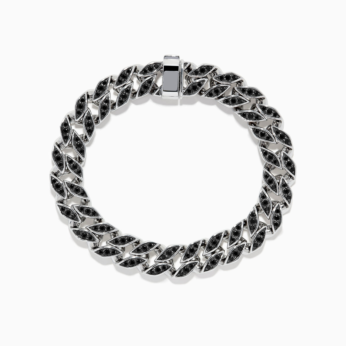 The Mens 925 Sterling Silver Black Spinel Chain Link Bracelet features bold links with black spinel inlays and a rectangular clasp, shown arranged in a circle on a white background.