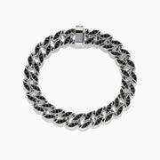 The Mens 925 Sterling Silver Black Spinel Chain Link Bracelet features bold links with black spinel inlays and a rectangular clasp, shown arranged in a circle on a white background.