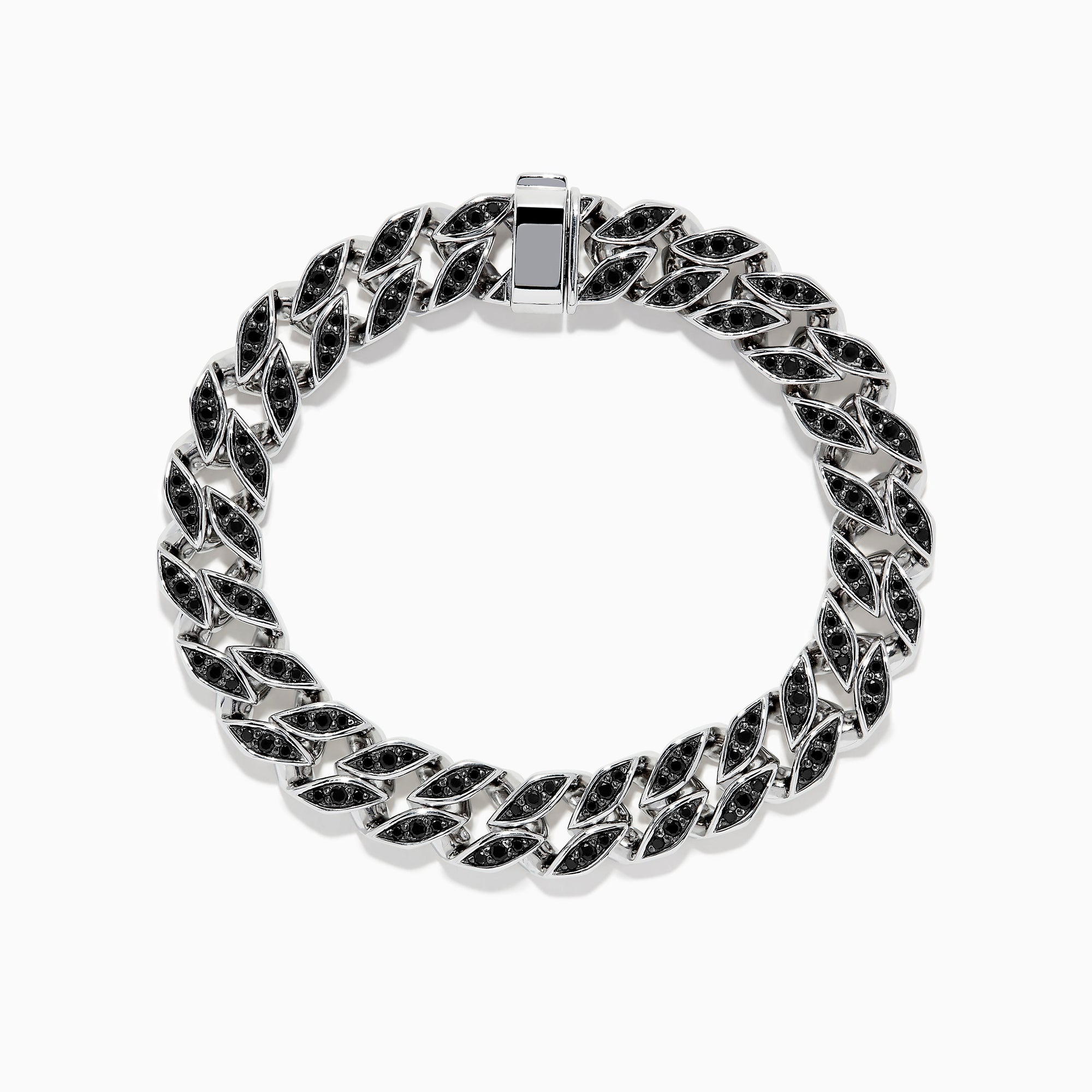 The Mens 925 Sterling Silver Black Spinel Chain Link Bracelet features bold links with black spinel inlays and a rectangular clasp, shown arranged in a circle on a white background.