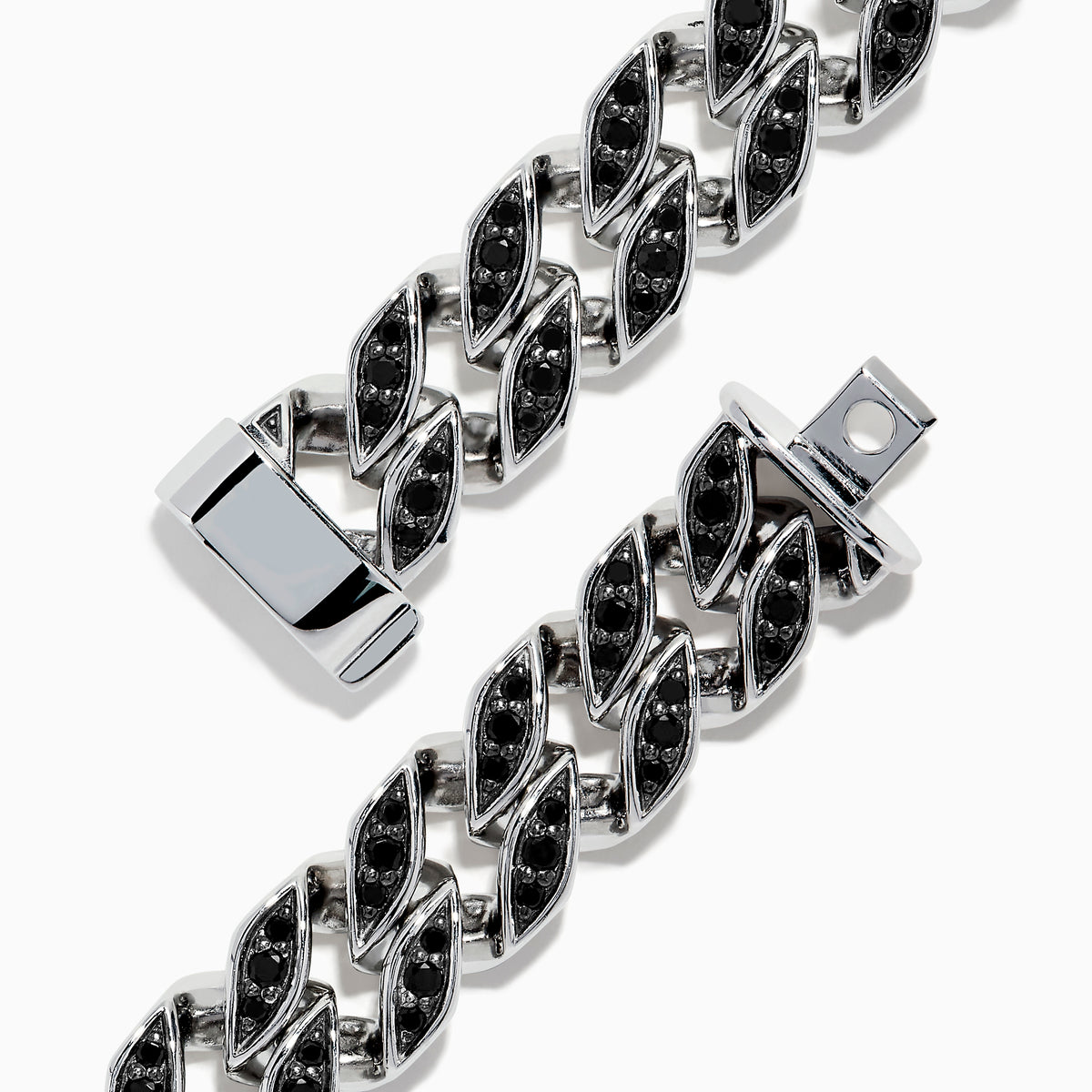 A close-up of the Mens 925 Sterling Silver Black Spinel Chain Link Bracelet featuring marquise-shaped links accented with black spinel stones and a partially open box clasp.