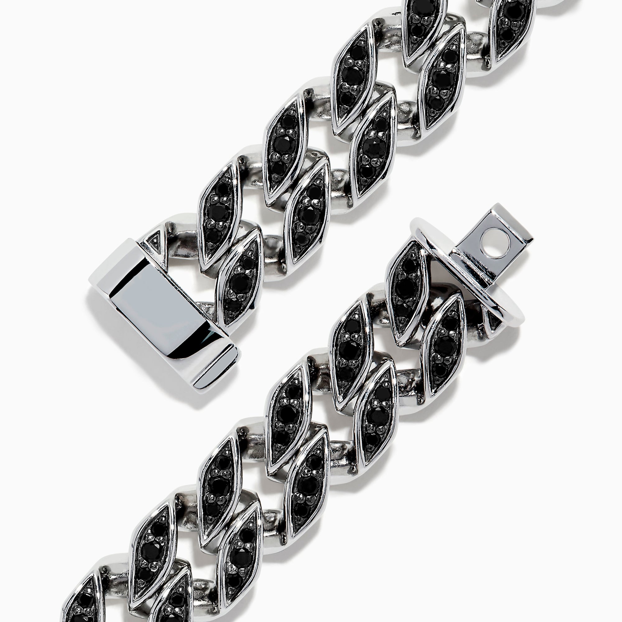 A close-up of the Mens 925 Sterling Silver Black Spinel Chain Link Bracelet featuring marquise-shaped links accented with black spinel stones and a partially open box clasp.