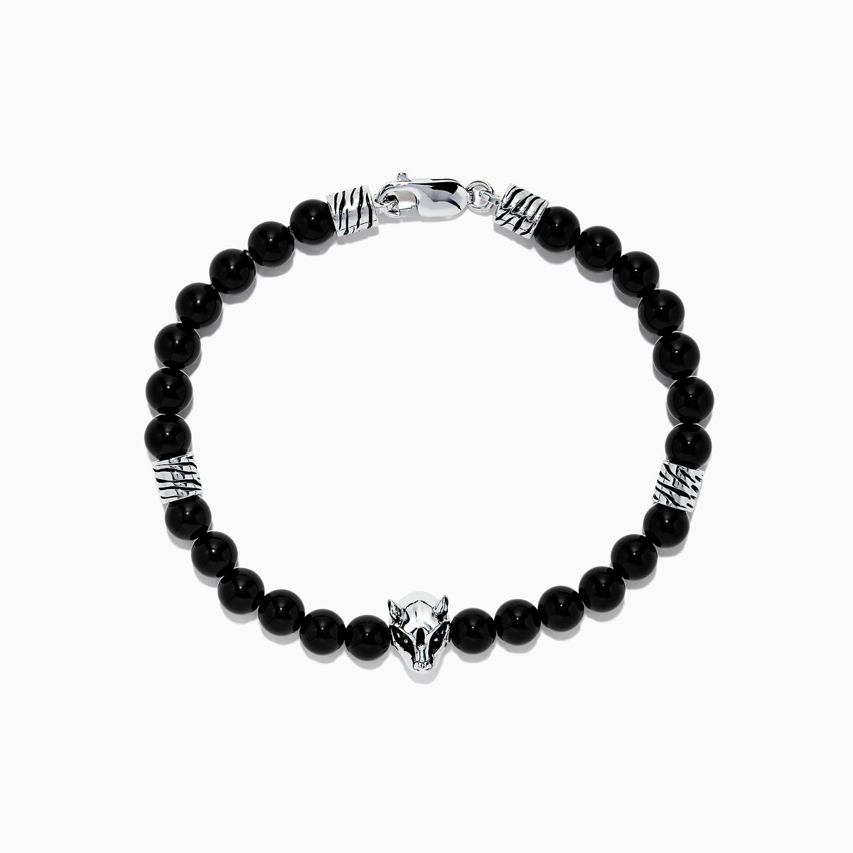 The Mens Sterling Silver Beaded Onyx Bracelet, 41.80 TCW, features black round beads, sterling silver accents, and a silver wolf head charm—an ideal accessory for Effy mens bracelet fans.