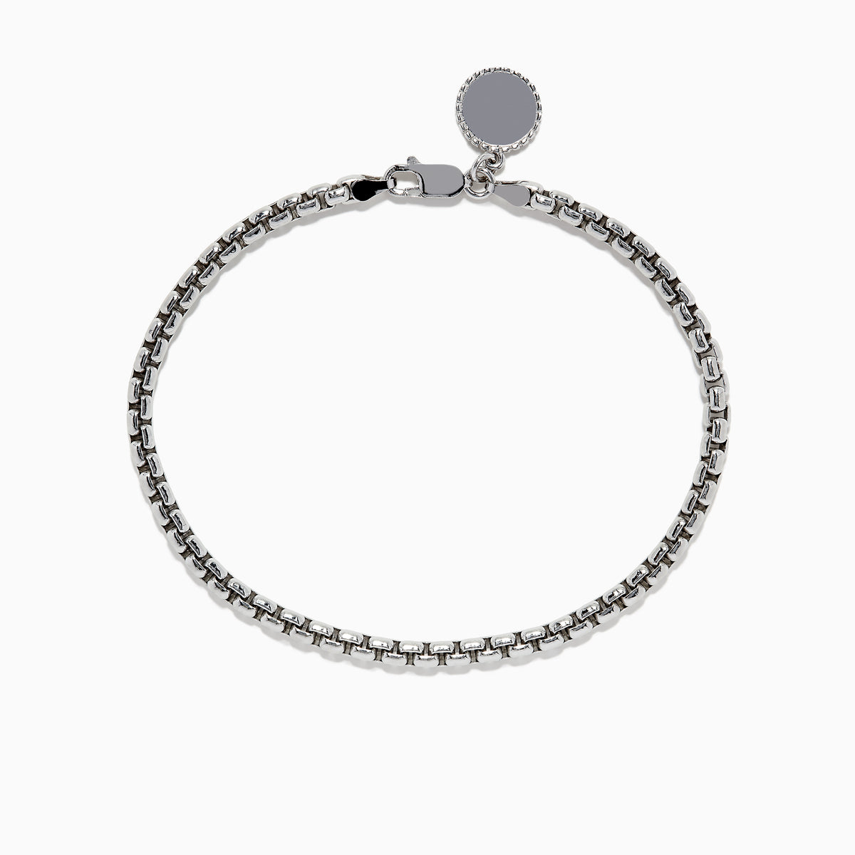 The Mens Sterling Silver 8 Box Link Bracelet features a round blank charm near the clasp and is displayed against a white background.